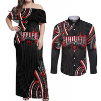 Traditional Art Hawaiian Kakau Tattoos Couples Matching Off Shoulder Maxi Dress and Long Sleeve Button Shirt Red Color - Polynesian Pride