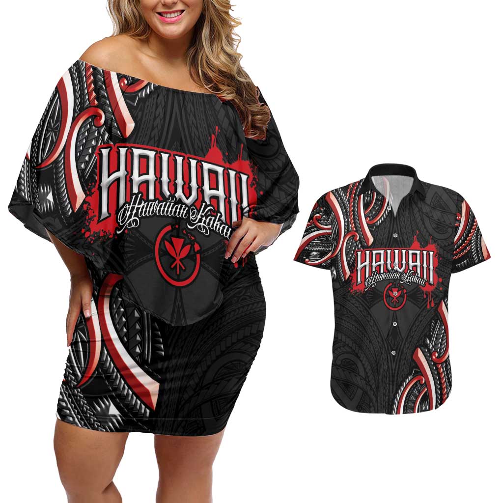 Traditional Art Hawaiian Kakau Tattoos Couples Matching Off Shoulder Short Dress and Hawaiian Shirt Red Color - Polynesian Pride