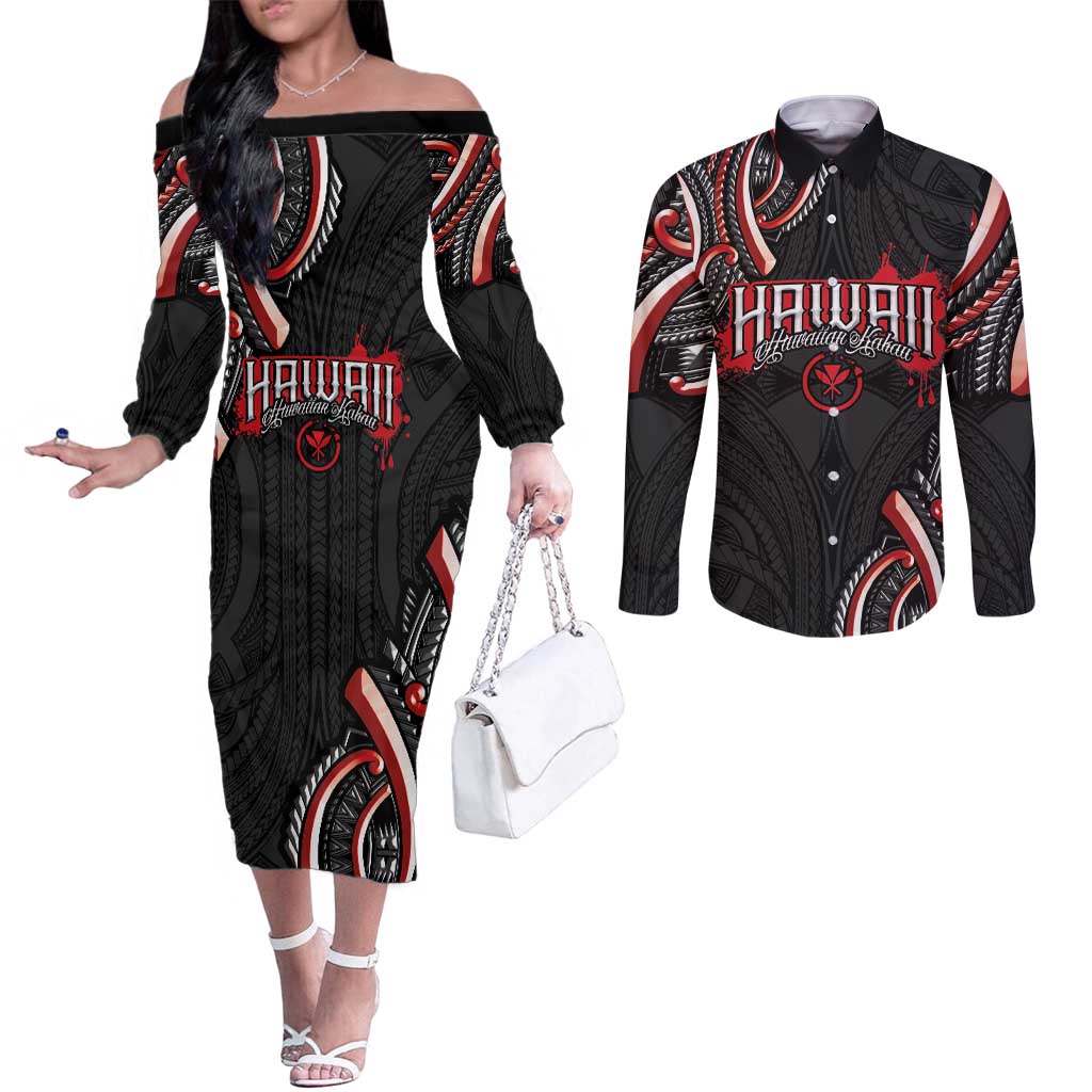 Traditional Art Hawaiian Kakau Tattoos Couples Matching Off The Shoulder Long Sleeve Dress and Long Sleeve Button Shirt Red Color - Polynesian Pride