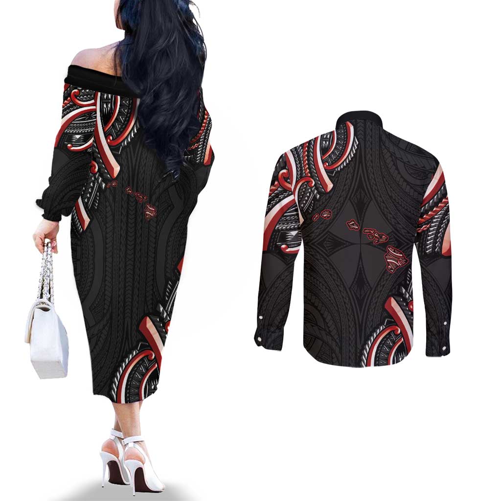 Traditional Art Hawaiian Kakau Tattoos Couples Matching Off The Shoulder Long Sleeve Dress and Long Sleeve Button Shirt Red Color - Polynesian Pride