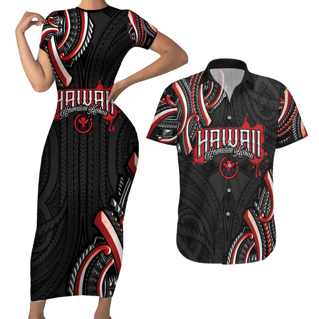 Traditional Art Hawaiian Kakau Tattoos Couples Matching Short Sleeve Bodycon Dress and Hawaiian Shirt Red Color - Polynesian Pride