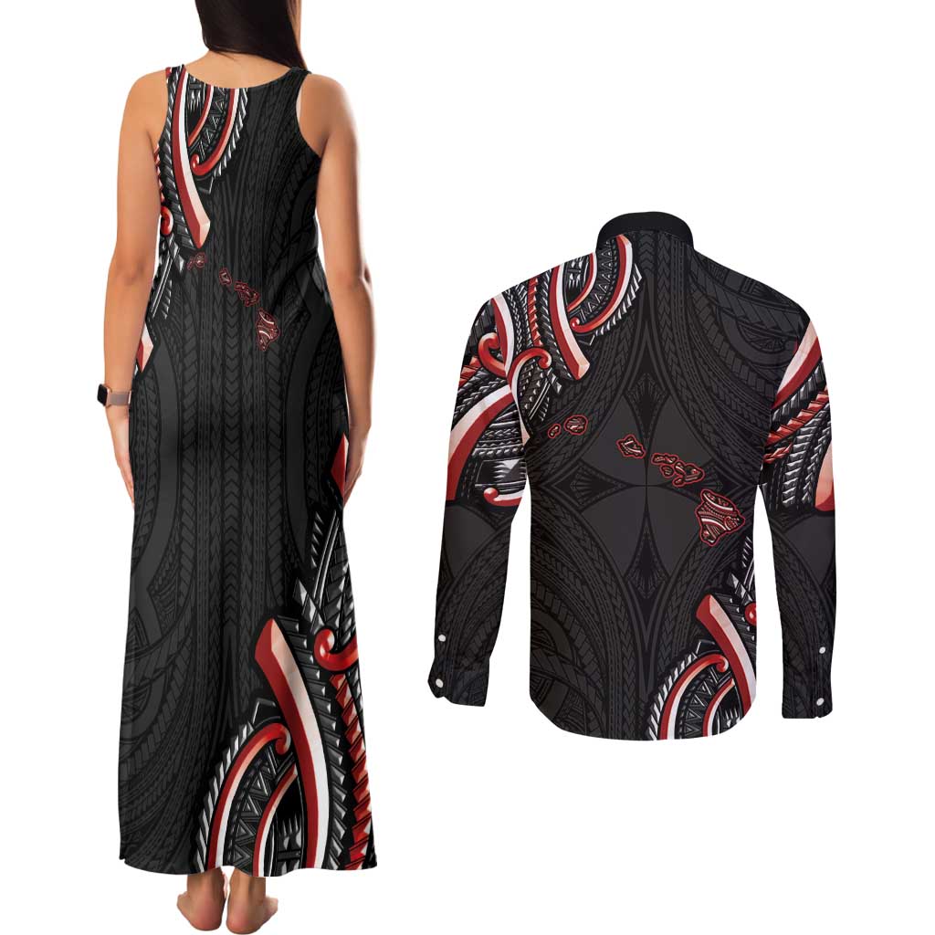 Traditional Art Hawaiian Kakau Tattoos Couples Matching Tank Maxi Dress and Long Sleeve Button Shirt Red Color - Polynesian Pride