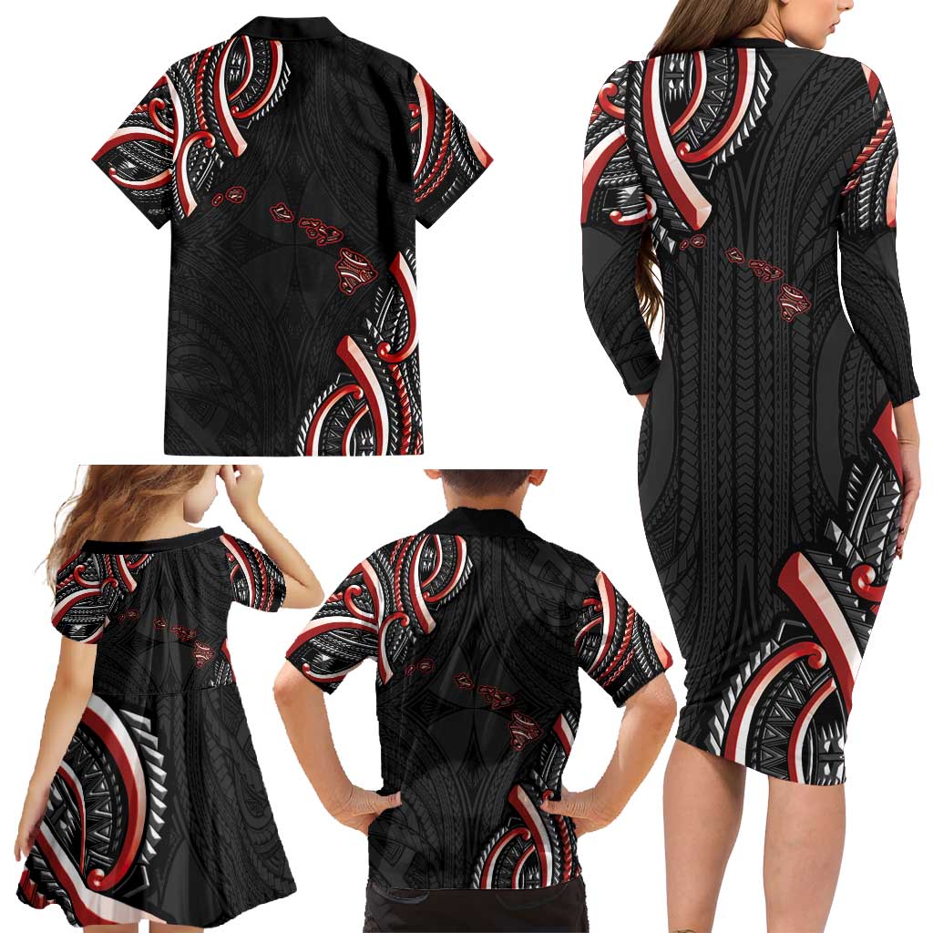 Traditional Art Hawaiian Kakau Tattoos Family Matching Long Sleeve Bodycon Dress and Hawaiian Shirt Red Color - Polynesian Pride