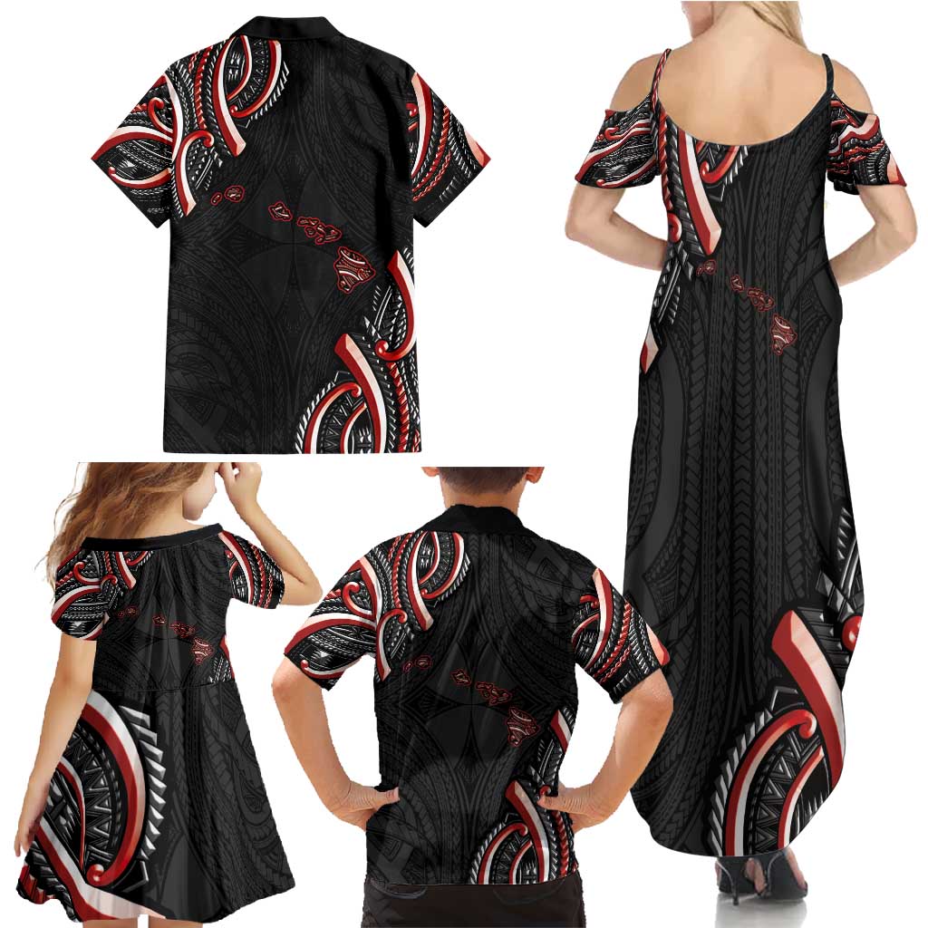 Traditional Art Hawaiian Kakau Tattoos Family Matching Summer Maxi Dress and Hawaiian Shirt Red Color - Polynesian Pride