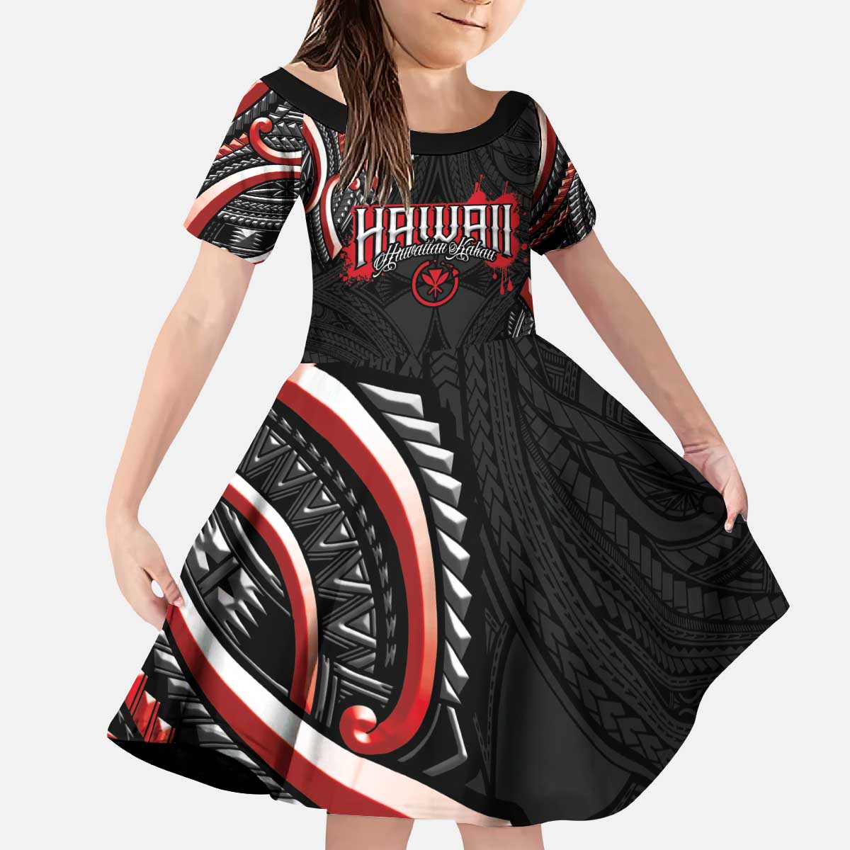Traditional Art Hawaiian Kakau Tattoos Kid Short Sleeve Dress Red Color - Polynesian Pride