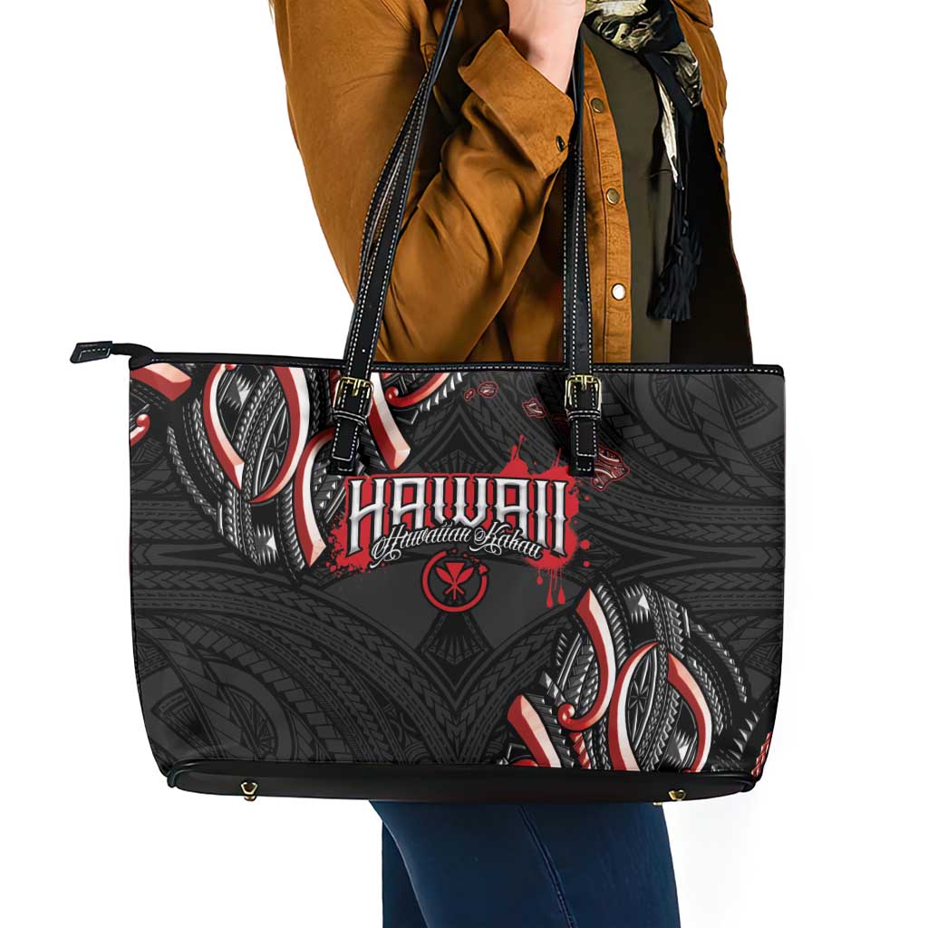 Traditional Art Hawaiian Kakau Tattoos Leather Tote Bag Red Color - Polynesian Pride
