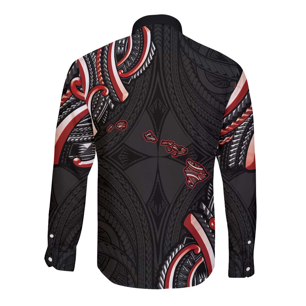 Traditional Art Hawaiian Kakau Tattoos Long Sleeve Button Shirt Red Color LT03 - Polynesian Pride