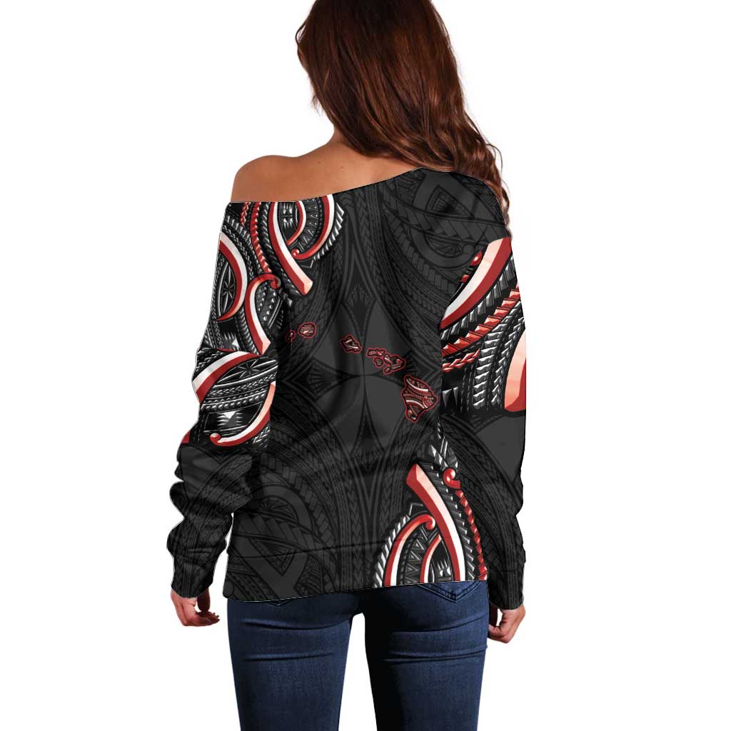 Traditional Art Hawaiian Kakau Tattoos Off Shoulder Sweater Red Color - Polynesian Pride