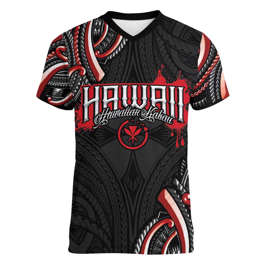 Traditional Art Hawaiian Kakau Tattoos Women V-Neck T-Shirt Red Color - Polynesian Pride