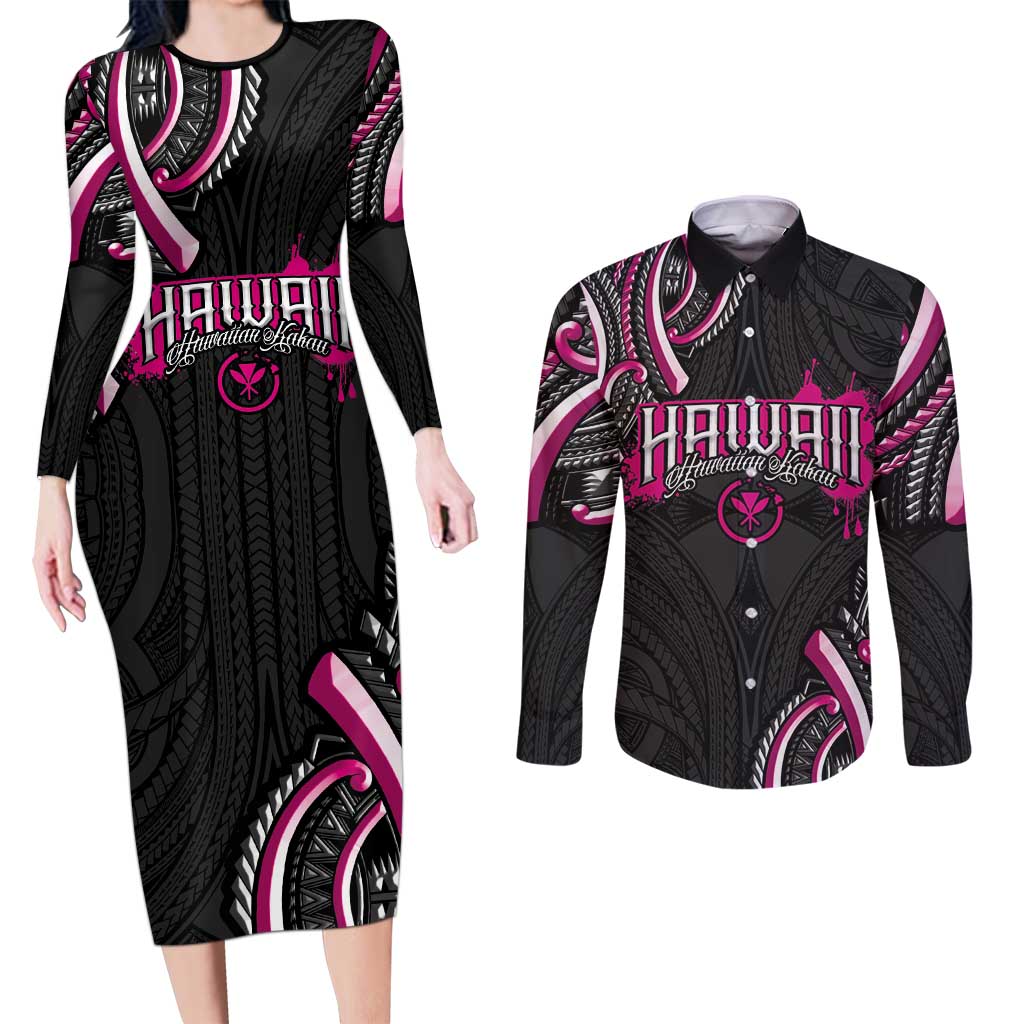 Traditional Art Hawaiian Kakau Tattoos Couples Matching Long Sleeve Bodycon Dress and Long Sleeve Button Shirt Pink Color - Polynesian Pride