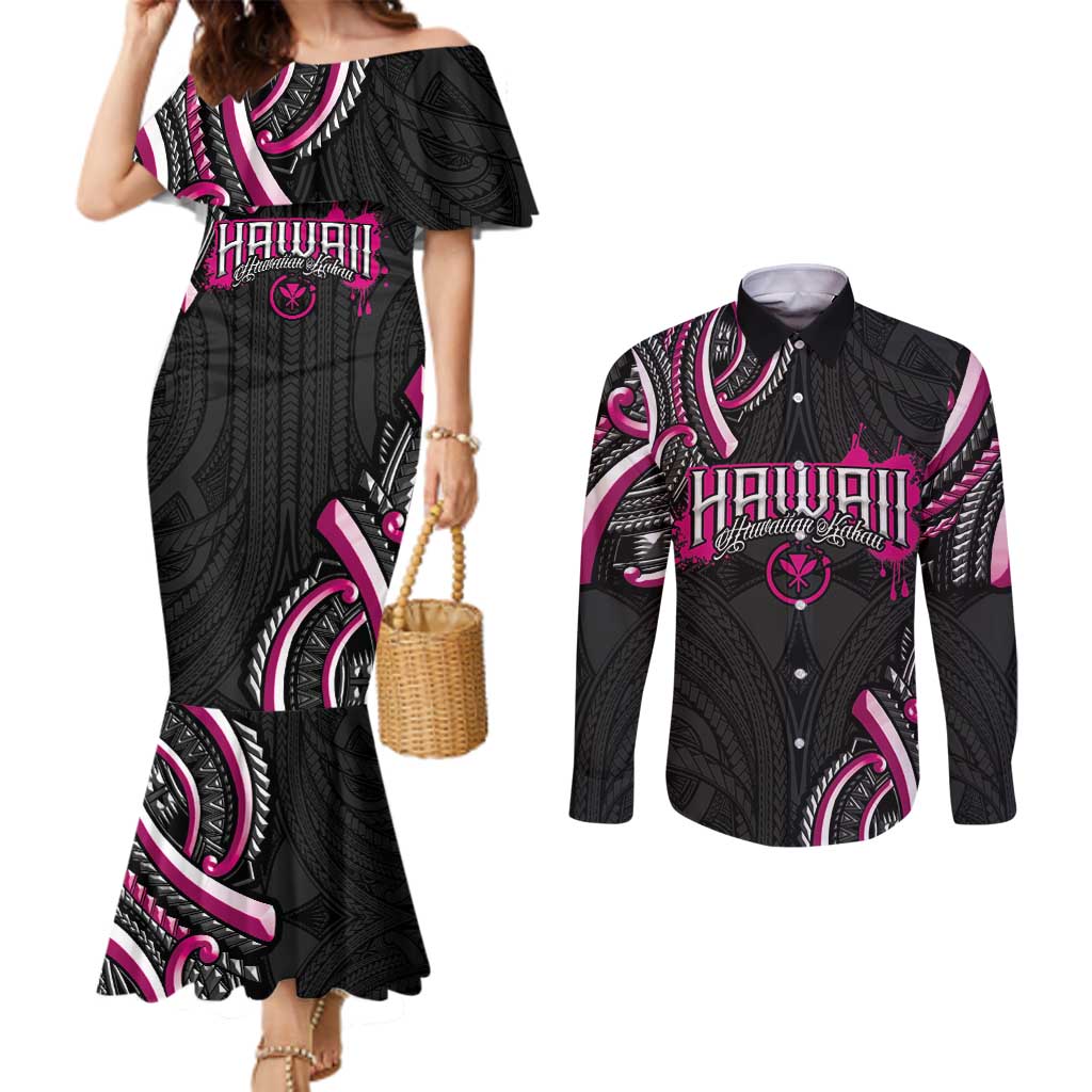 Traditional Art Hawaiian Kakau Tattoos Couples Matching Mermaid Dress and Long Sleeve Button Shirt Pink Color - Polynesian Pride