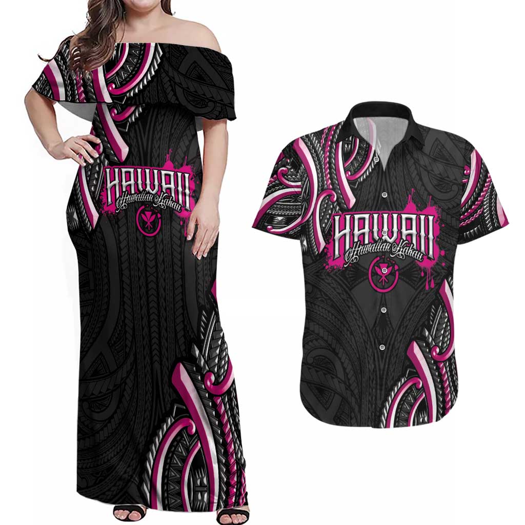Traditional Art Hawaiian Kakau Tattoos Couples Matching Off Shoulder Maxi Dress and Hawaiian Shirt Pink Color - Polynesian Pride