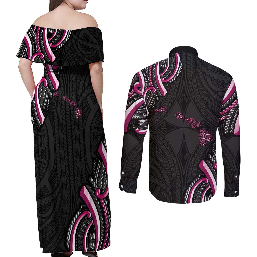 Traditional Art Hawaiian Kakau Tattoos Couples Matching Off Shoulder Maxi Dress and Long Sleeve Button Shirt Pink Color - Polynesian Pride