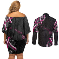 Traditional Art Hawaiian Kakau Tattoos Couples Matching Off Shoulder Short Dress and Long Sleeve Button Shirt Pink Color - Polynesian Pride