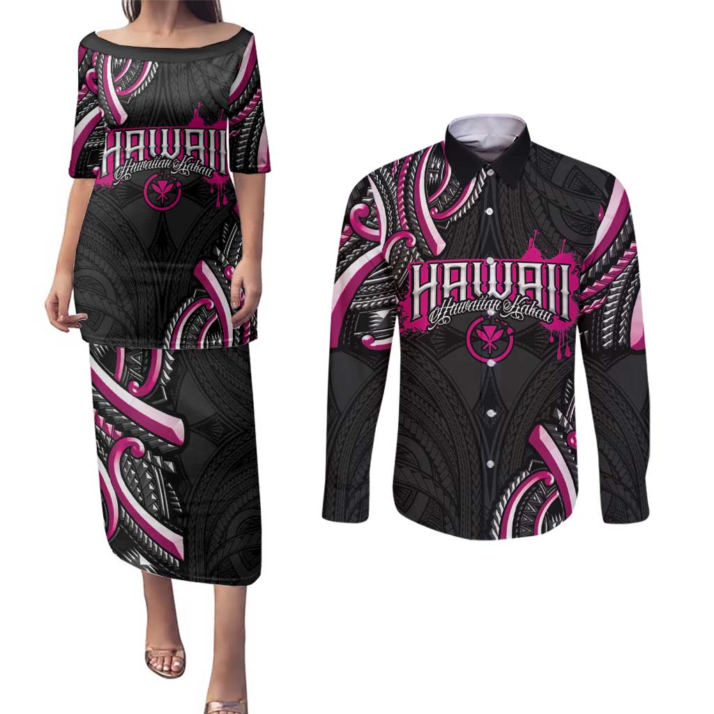 Traditional Art Hawaiian Kakau Tattoos Couples Matching Puletasi and Long Sleeve Button Shirt Pink Color - Polynesian Pride