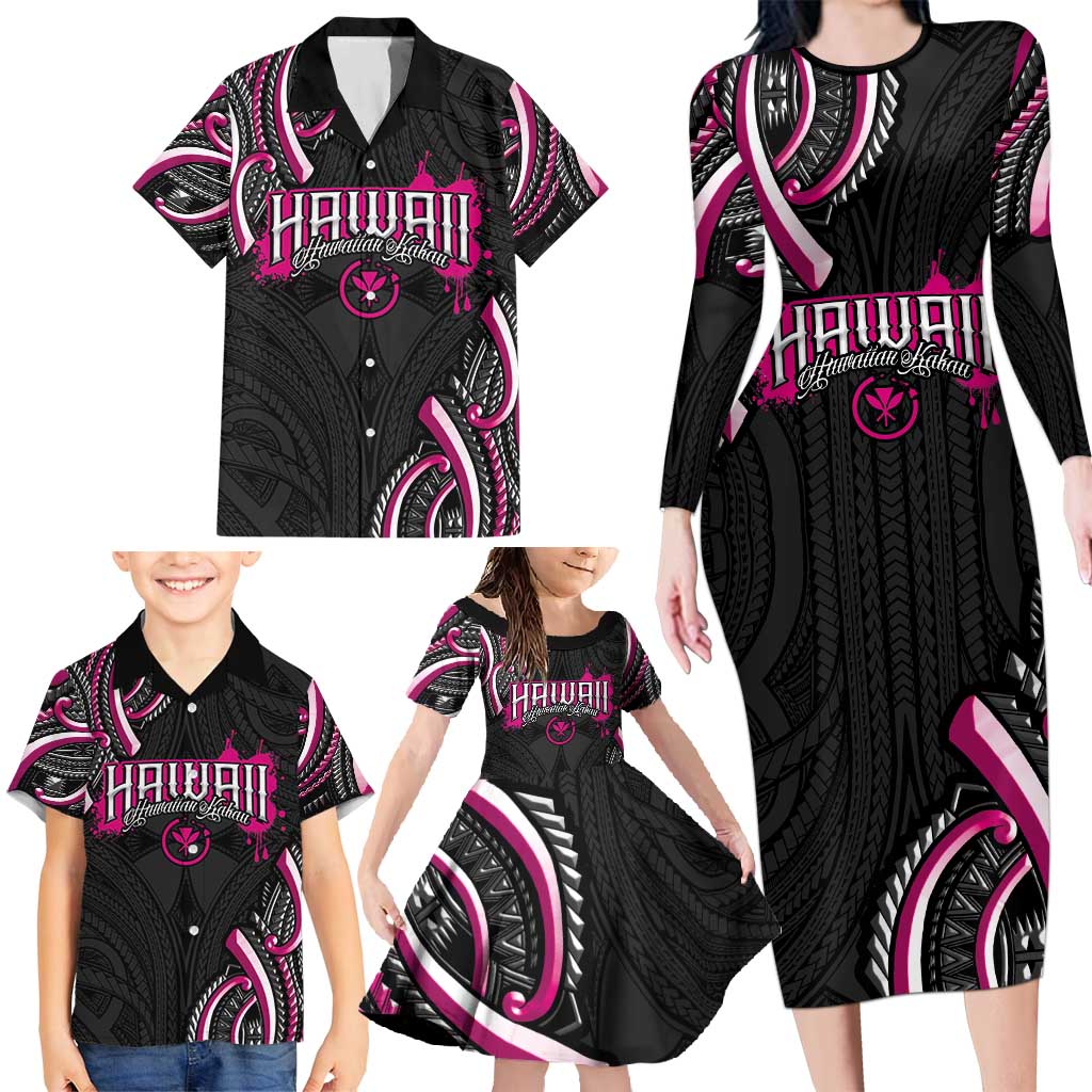 Traditional Art Hawaiian Kakau Tattoos Family Matching Long Sleeve Bodycon Dress and Hawaiian Shirt Pink Color - Polynesian Pride