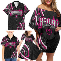 Traditional Art Hawaiian Kakau Tattoos Family Matching Off Shoulder Short Dress and Hawaiian Shirt Pink Color - Polynesian Pride