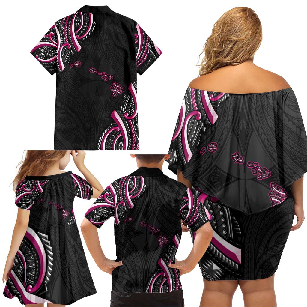 Traditional Art Hawaiian Kakau Tattoos Family Matching Off Shoulder Short Dress and Hawaiian Shirt Pink Color - Polynesian Pride
