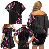 Traditional Art Hawaiian Kakau Tattoos Family Matching Off Shoulder Short Dress and Hawaiian Shirt Pink Color - Polynesian Pride