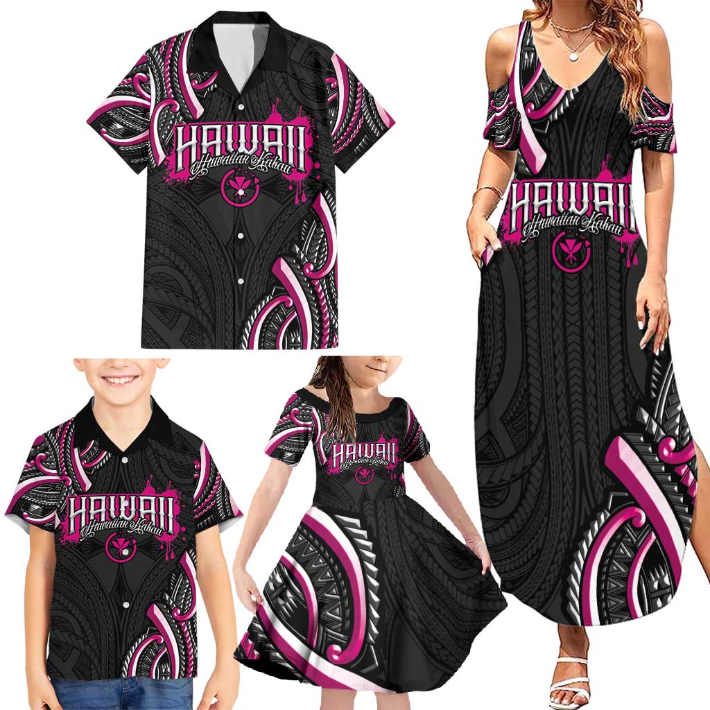 Traditional Art Hawaiian Kakau Tattoos Family Matching Summer Maxi Dress and Hawaiian Shirt Pink Color - Polynesian Pride