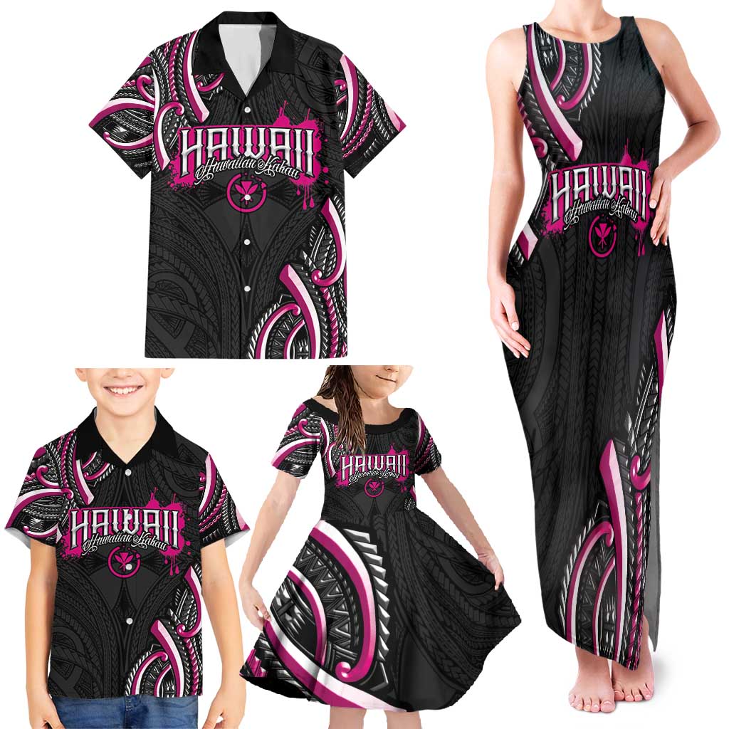 Traditional Art Hawaiian Kakau Tattoos Family Matching Tank Maxi Dress and Hawaiian Shirt Pink Color - Polynesian Pride
