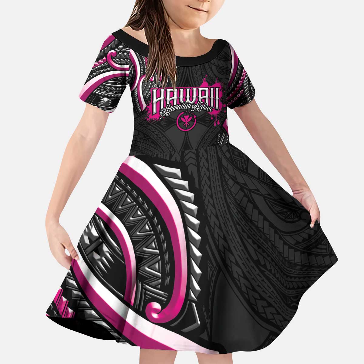 Traditional Art Hawaiian Kakau Tattoos Kid Short Sleeve Dress Pink Color LT03 KID Pink - Polynesian Pride