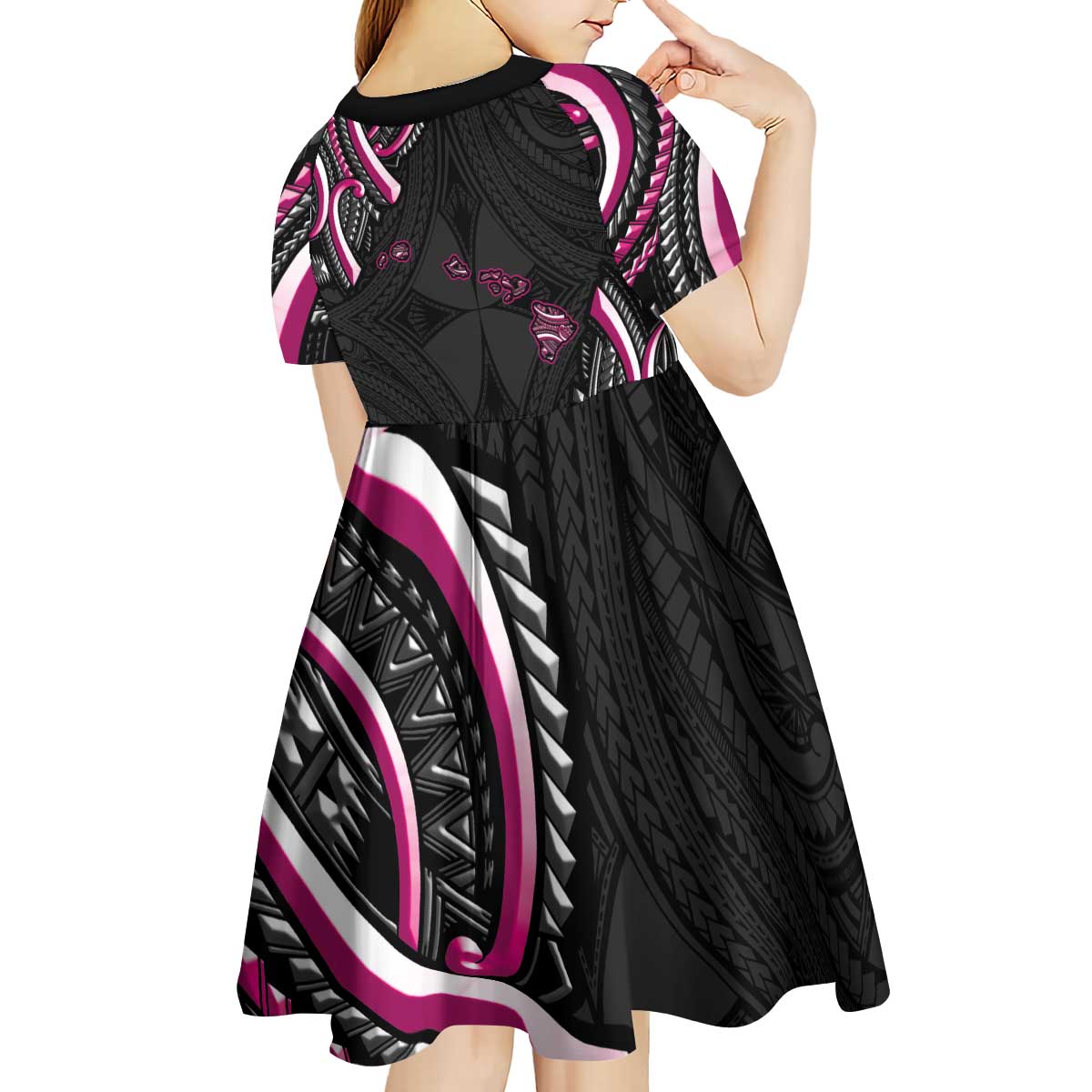 Traditional Art Hawaiian Kakau Tattoos Kid Short Sleeve Dress Pink Color LT03 - Polynesian Pride