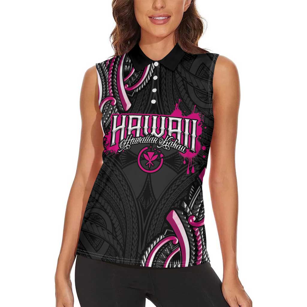 Traditional Art Hawaiian Kakau Tattoos Women Sleeveless Polo Shirt Pink Color - Polynesian Pride