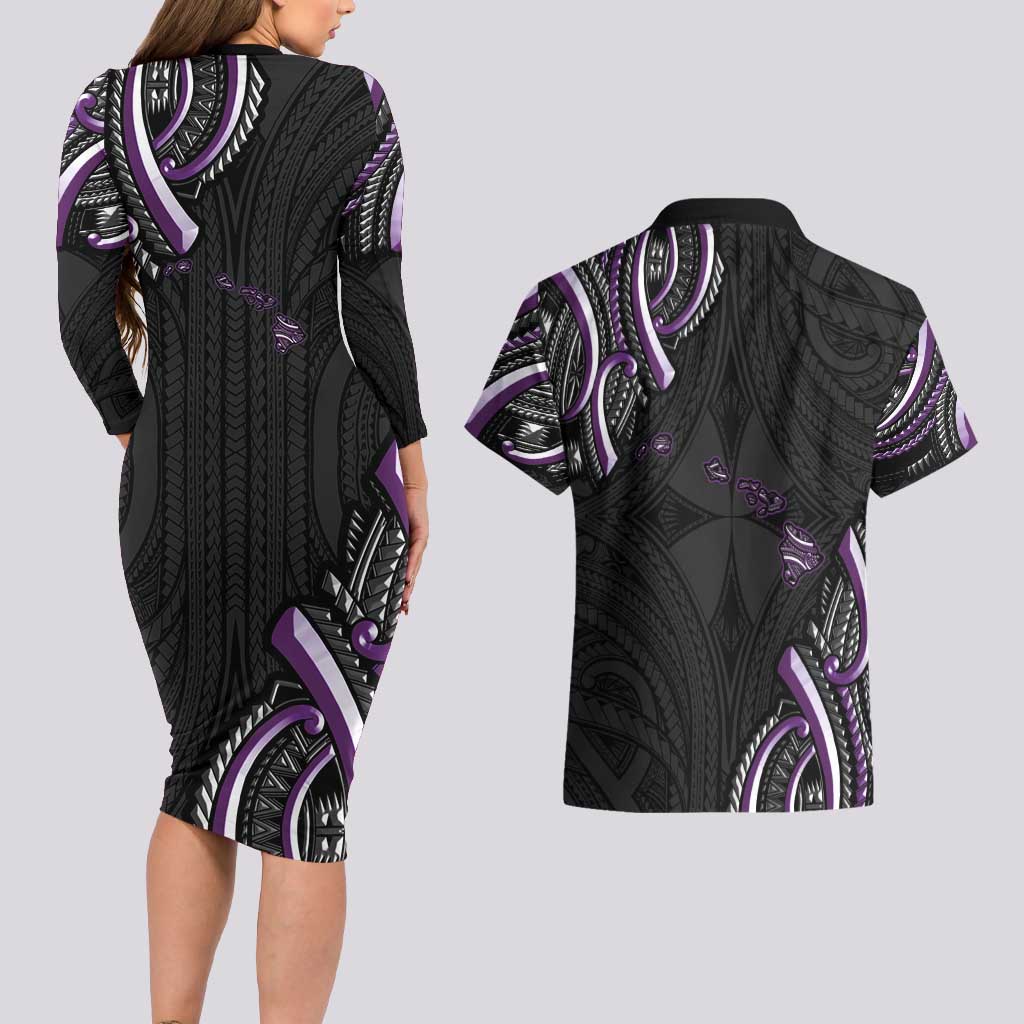 Traditional Art Hawaiian Kakau Tattoos Couples Matching Long Sleeve Bodycon Dress and Hawaiian Shirt Purple Color - Polynesian Pride