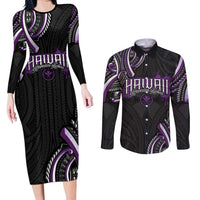 Traditional Art Hawaiian Kakau Tattoos Couples Matching Long Sleeve Bodycon Dress and Long Sleeve Button Shirt Purple Color - Polynesian Pride