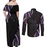 Traditional Art Hawaiian Kakau Tattoos Couples Matching Off Shoulder Maxi Dress and Long Sleeve Button Shirt Purple Color - Polynesian Pride