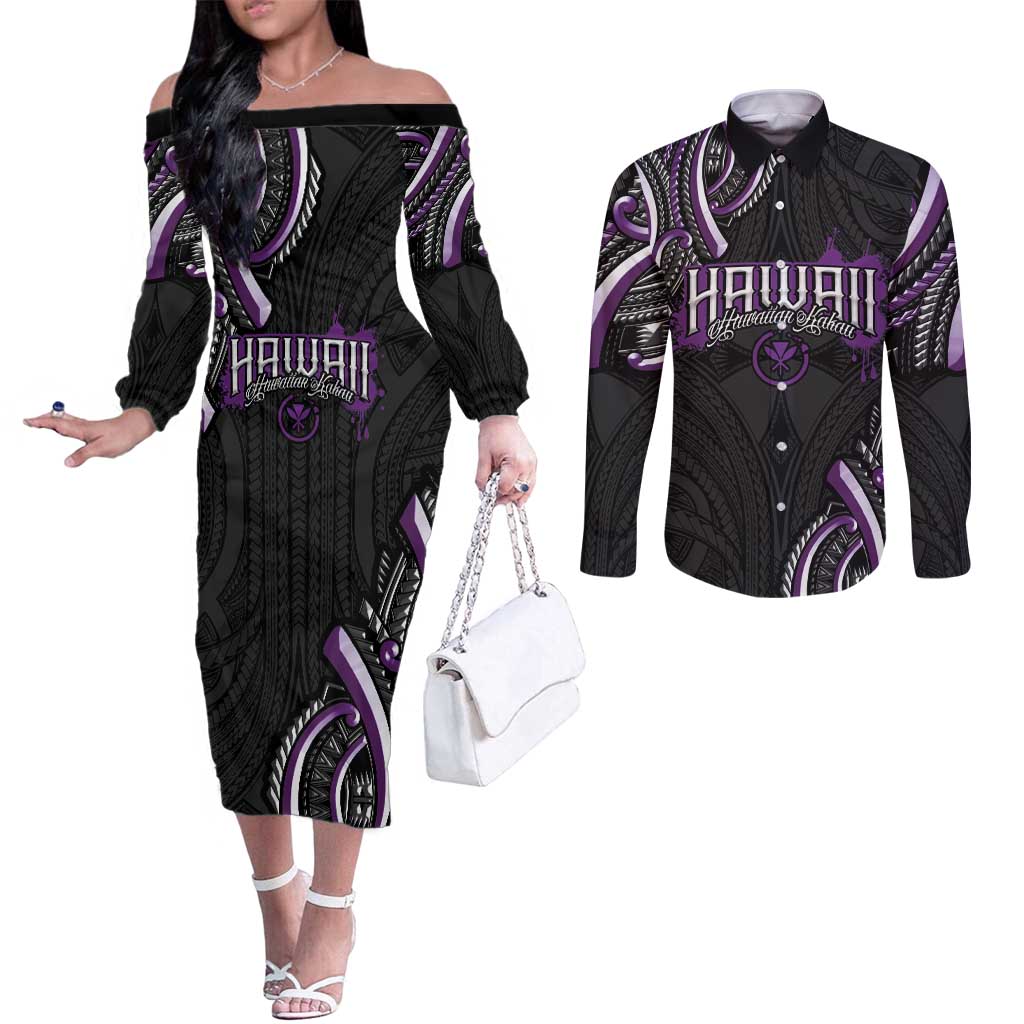 Traditional Art Hawaiian Kakau Tattoos Couples Matching Off The Shoulder Long Sleeve Dress and Long Sleeve Button Shirt Purple Color - Polynesian Pride