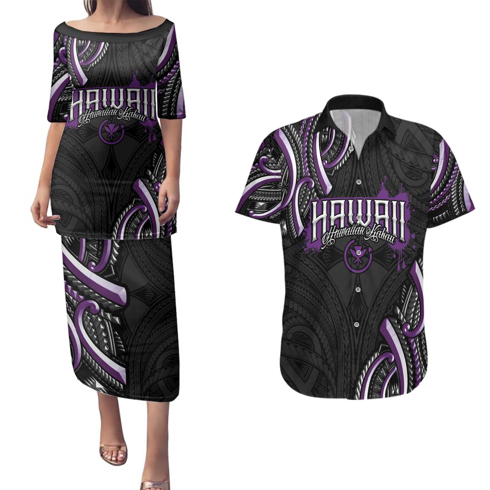 Traditional Art Hawaiian Kakau Tattoos Couples Matching Puletasi and Hawaiian Shirt Purple Color - Polynesian Pride