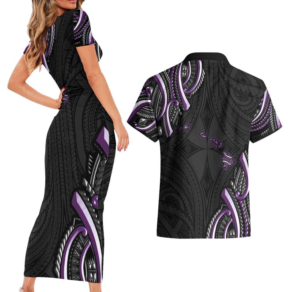 Traditional Art Hawaiian Kakau Tattoos Couples Matching Short Sleeve Bodycon Dress and Hawaiian Shirt Purple Color - Polynesian Pride