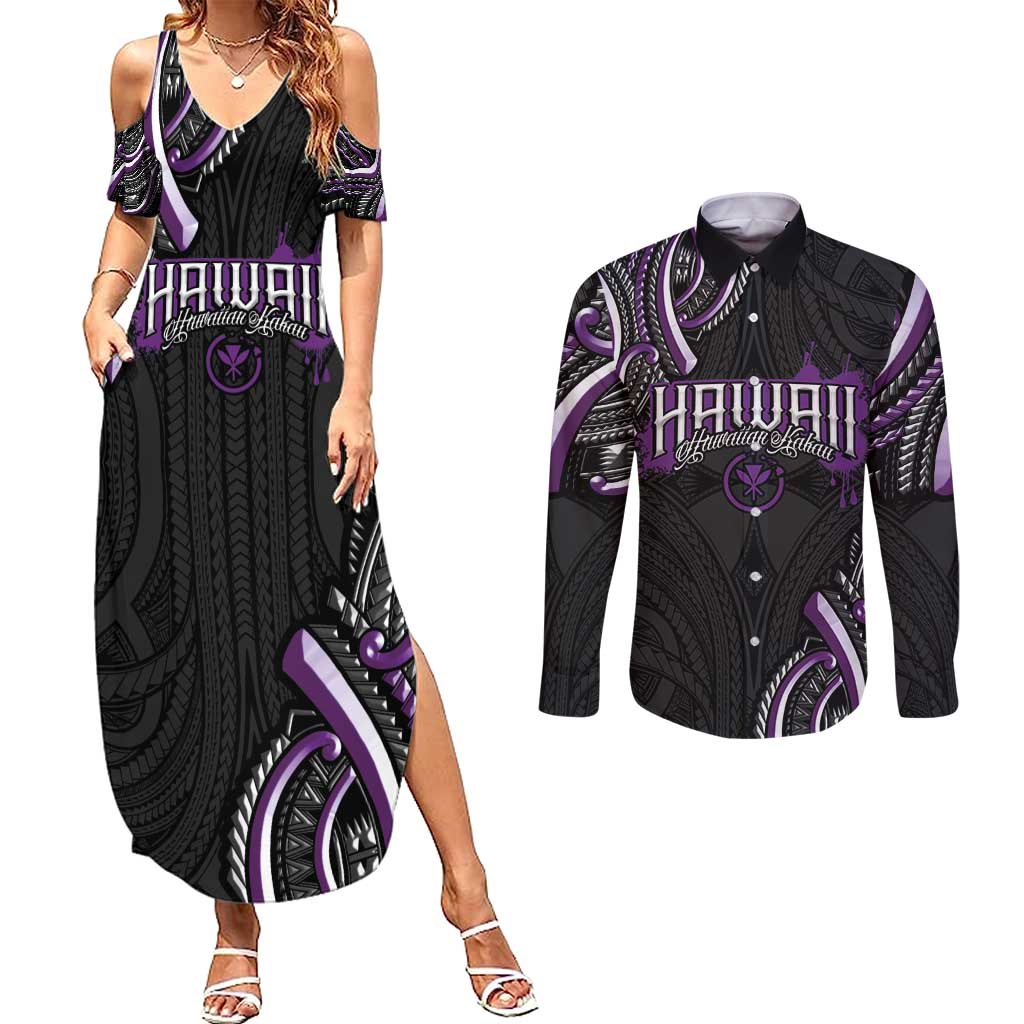 Traditional Art Hawaiian Kakau Tattoos Couples Matching Summer Maxi Dress and Long Sleeve Button Shirt Purple Color - Polynesian Pride