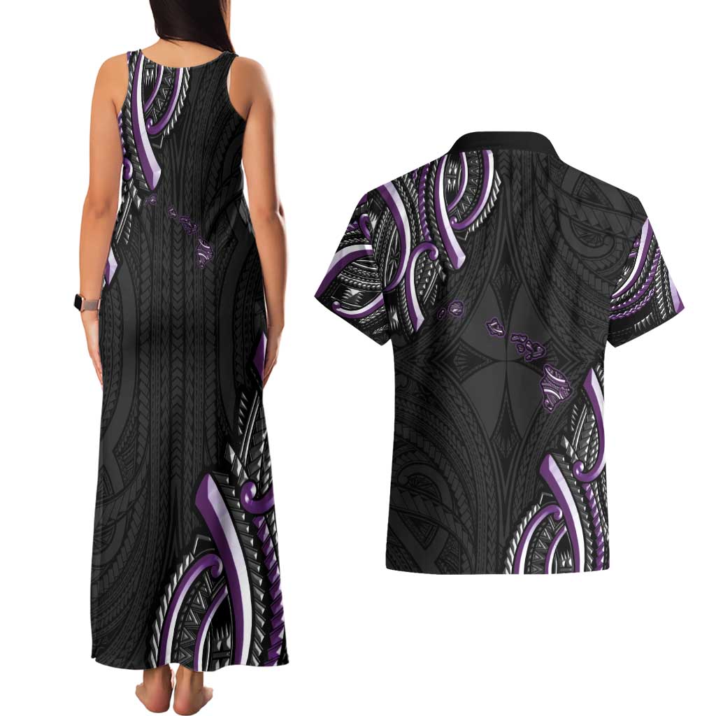 Traditional Art Hawaiian Kakau Tattoos Couples Matching Tank Maxi Dress and Hawaiian Shirt Purple Color - Polynesian Pride