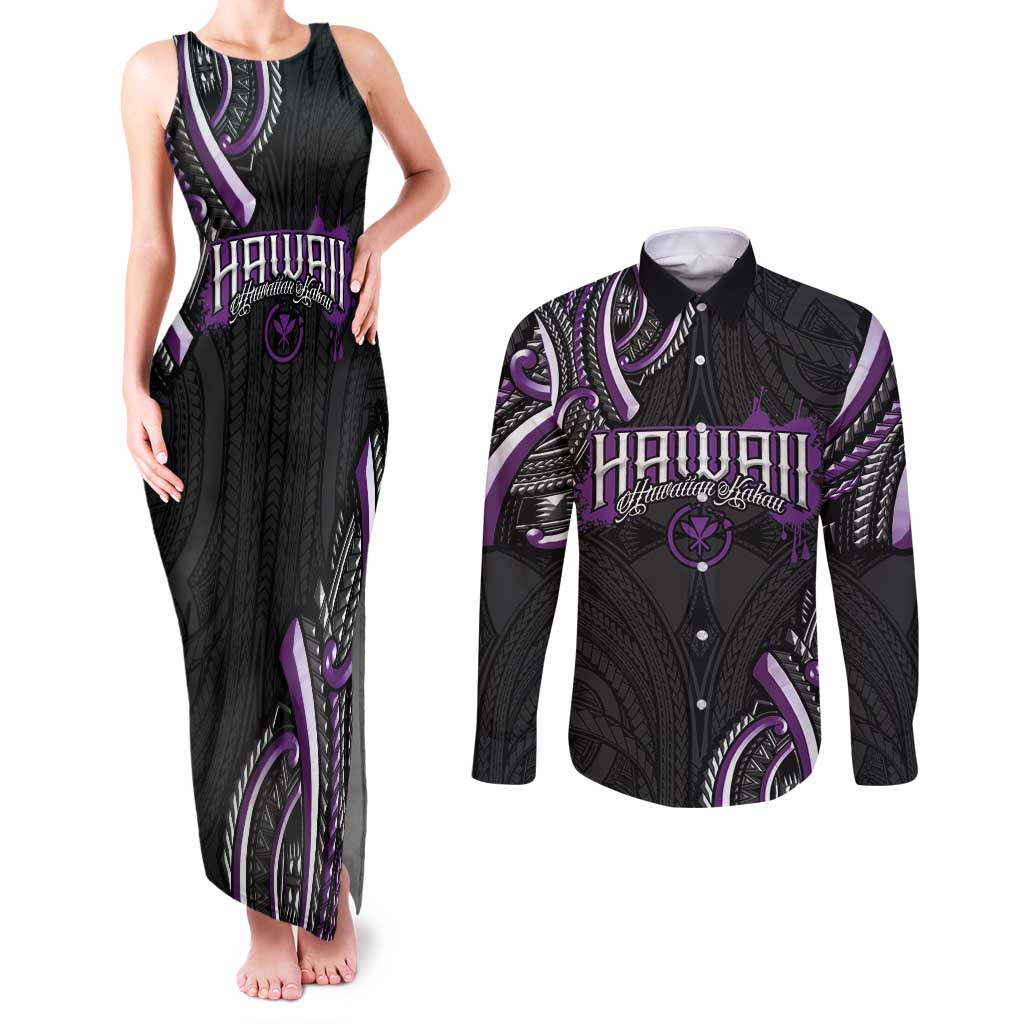 Traditional Art Hawaiian Kakau Tattoos Couples Matching Tank Maxi Dress and Long Sleeve Button Shirt Purple Color - Polynesian Pride