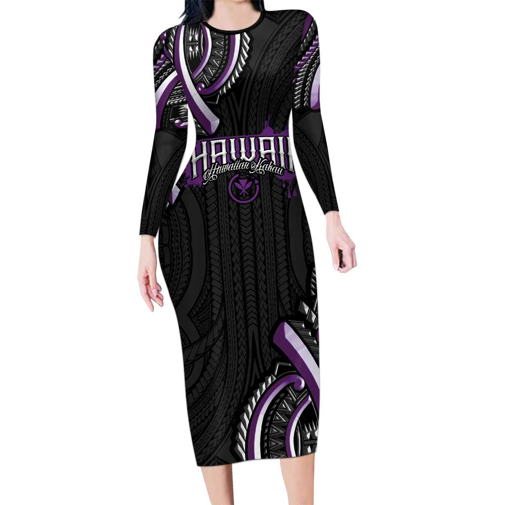 Traditional Art Hawaiian Kakau Tattoos Family Matching Long Sleeve Bodycon Dress and Hawaiian Shirt Purple Color - Polynesian Pride