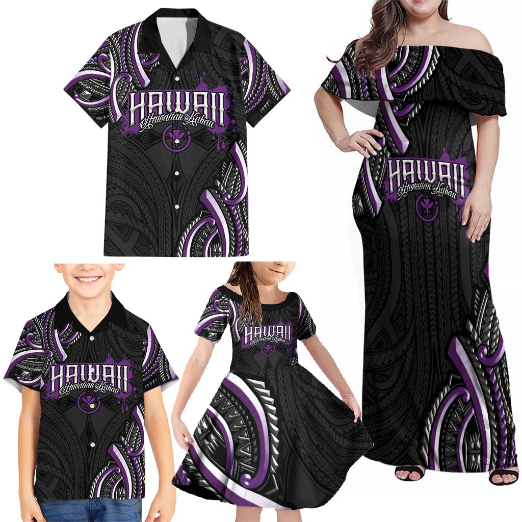 Traditional Art Hawaiian Kakau Tattoos Family Matching Off Shoulder Maxi Dress and Hawaiian Shirt Purple Color - Polynesian Pride