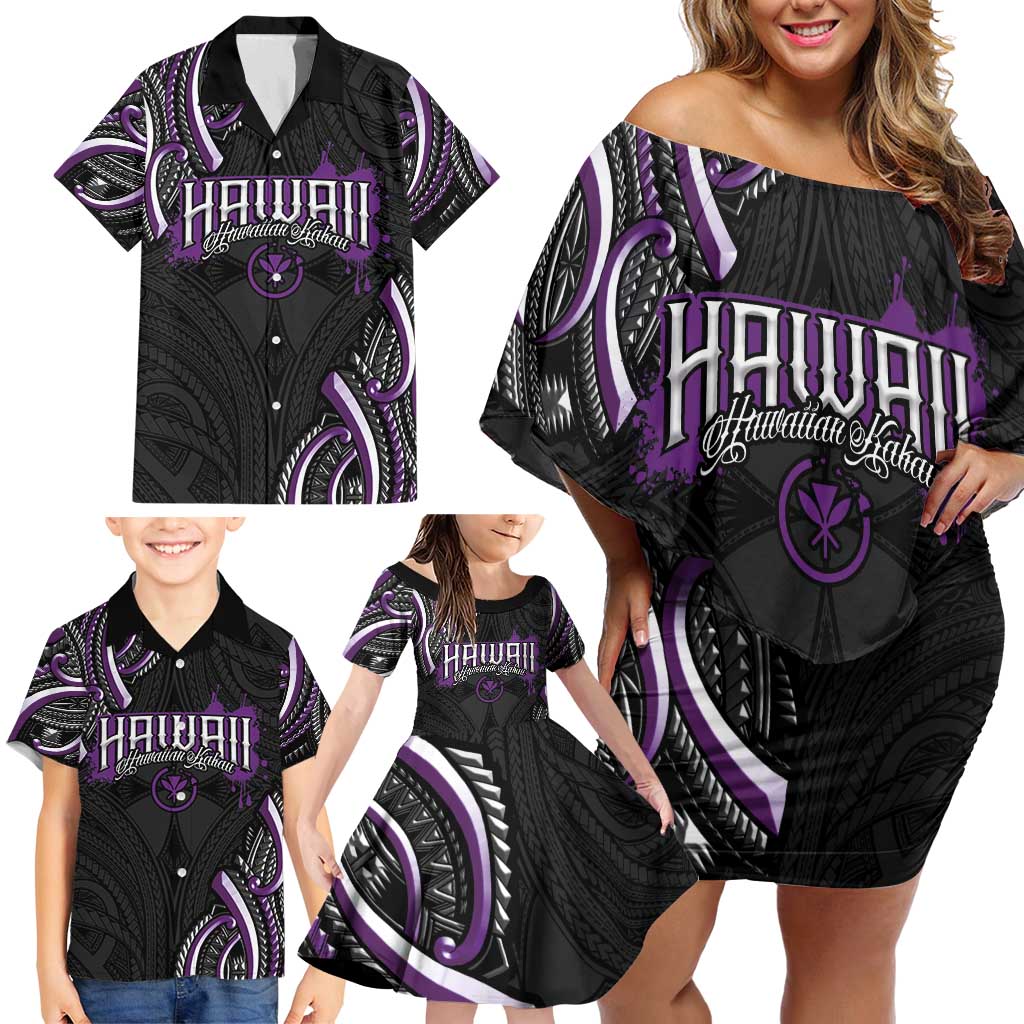 Traditional Art Hawaiian Kakau Tattoos Family Matching Off Shoulder Short Dress and Hawaiian Shirt Purple Color - Polynesian Pride