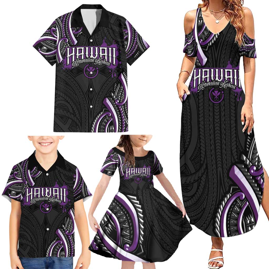 Traditional Art Hawaiian Kakau Tattoos Family Matching Summer Maxi Dress and Hawaiian Shirt Purple Color - Polynesian Pride