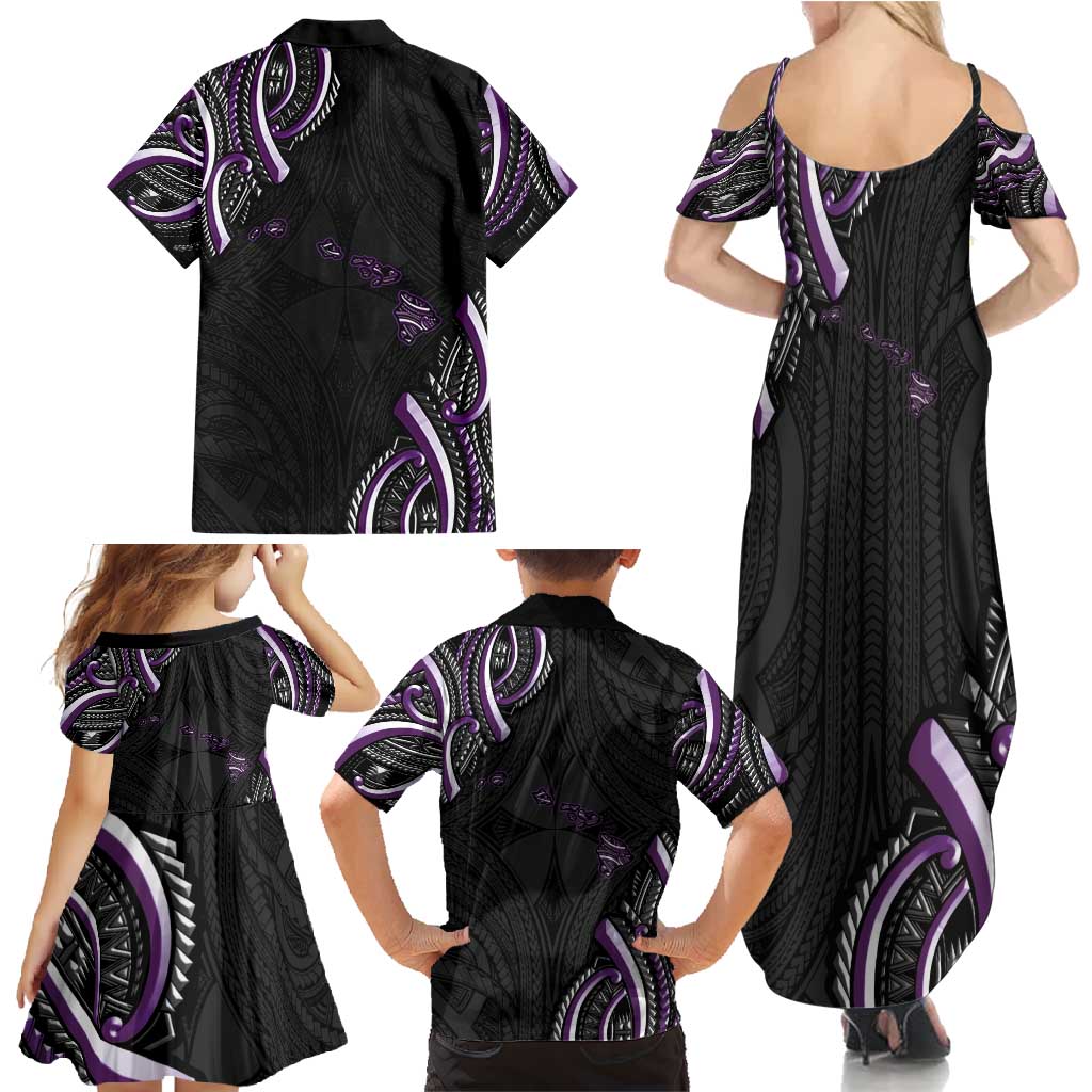 Traditional Art Hawaiian Kakau Tattoos Family Matching Summer Maxi Dress and Hawaiian Shirt Purple Color - Polynesian Pride