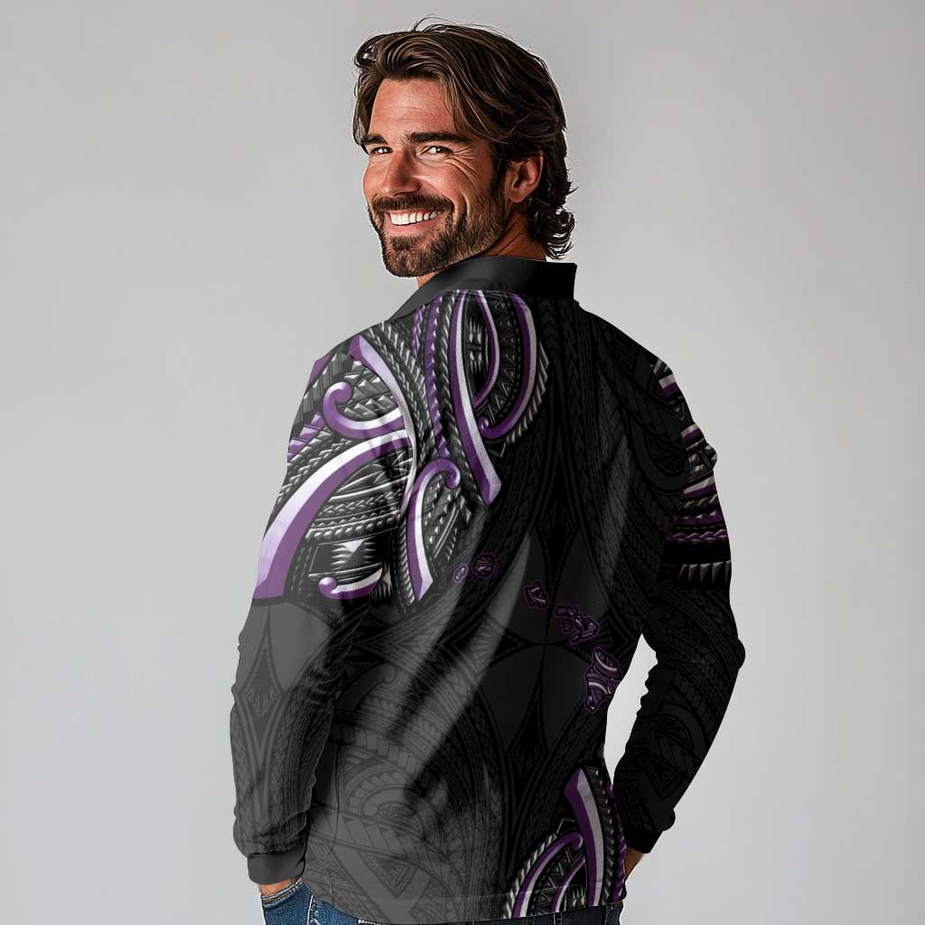 Traditional Art Hawaiian Kakau Tattoos Long Sleeve Polo Shirt Purple Color - Polynesian Pride
