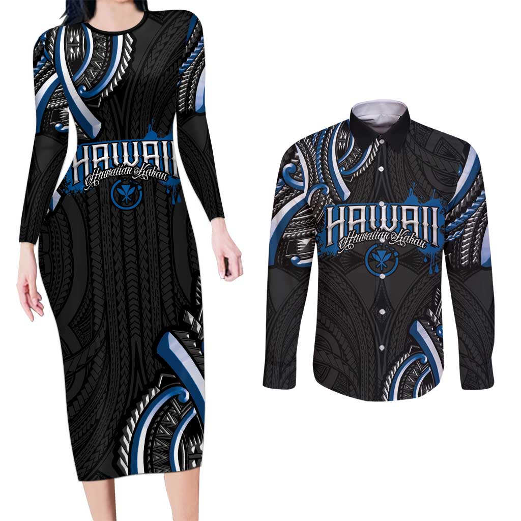 Traditional Art Hawaiian Kakau Tattoos Couples Matching Long Sleeve Bodycon Dress and Long Sleeve Button Shirt Blue Color - Polynesian Pride