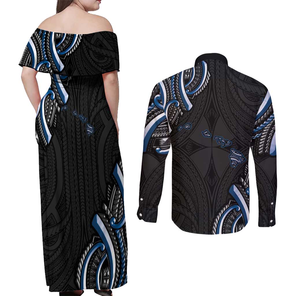 Traditional Art Hawaiian Kakau Tattoos Couples Matching Off Shoulder Maxi Dress and Long Sleeve Button Shirt Blue Color - Polynesian Pride
