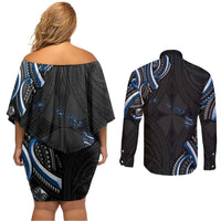 Traditional Art Hawaiian Kakau Tattoos Couples Matching Off Shoulder Short Dress and Long Sleeve Button Shirt Blue Color - Polynesian Pride