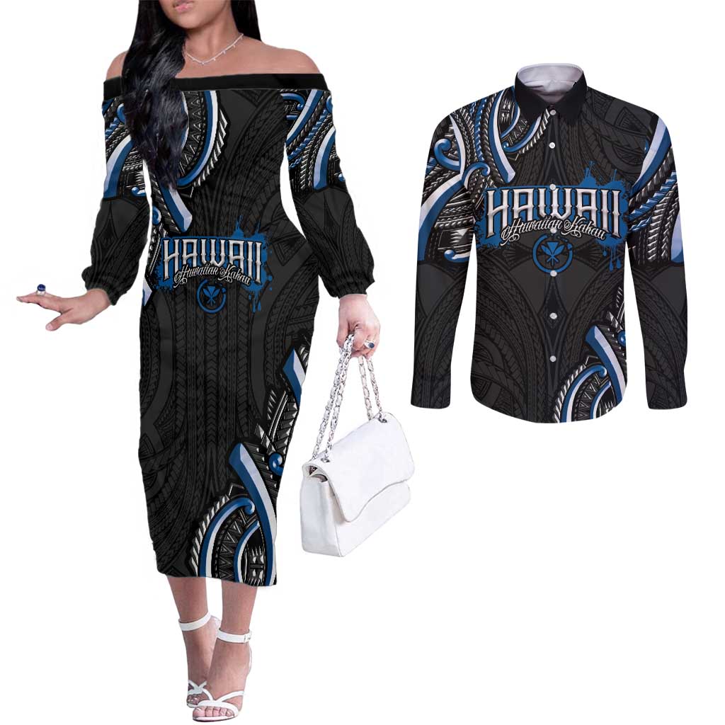 Traditional Art Hawaiian Kakau Tattoos Couples Matching Off The Shoulder Long Sleeve Dress and Long Sleeve Button Shirt Blue Color - Polynesian Pride