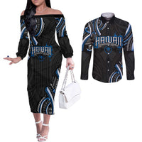 Traditional Art Hawaiian Kakau Tattoos Couples Matching Off The Shoulder Long Sleeve Dress and Long Sleeve Button Shirt Blue Color - Polynesian Pride