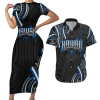 Traditional Art Hawaiian Kakau Tattoos Couples Matching Short Sleeve Bodycon Dress and Hawaiian Shirt Blue Color - Polynesian Pride
