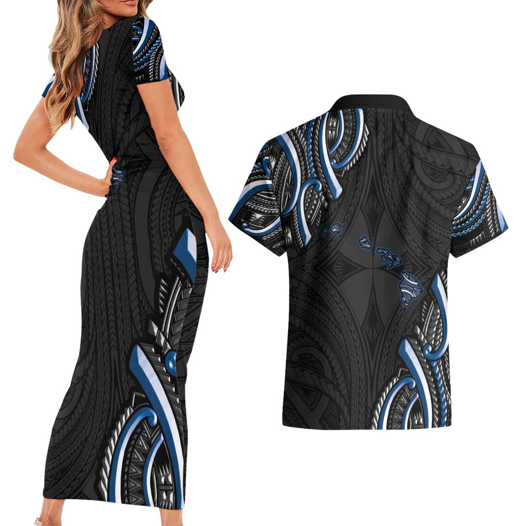 Traditional Art Hawaiian Kakau Tattoos Couples Matching Short Sleeve Bodycon Dress and Hawaiian Shirt Blue Color - Polynesian Pride
